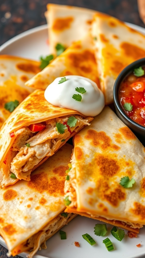 Cheesy Chicken Quesadilla Recipe Cheesy chicken quesadillas served with salsa and sour cream on a plate.